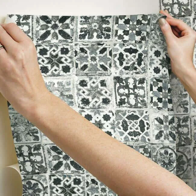 York Wallcoverings Encaustic Tile - Black Wallpaper | Buy Online York Wallcoverings Encaustic Tile wallpaper, color Black, SKU PSW1303RL