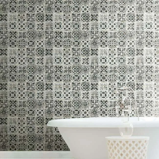 York Wallcoverings Encaustic Tile - Black Wallpaper | Buy Online York Wallcoverings Encaustic Tile wallpaper, color Black, SKU PSW1303RL