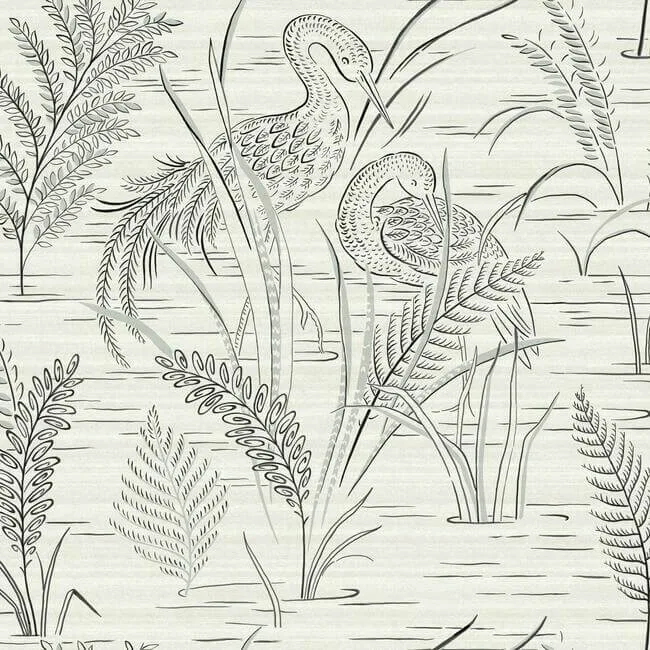 York Wallcoverings Fernwater Cranes wallpaper, color Black & Grey, SKU GR5953