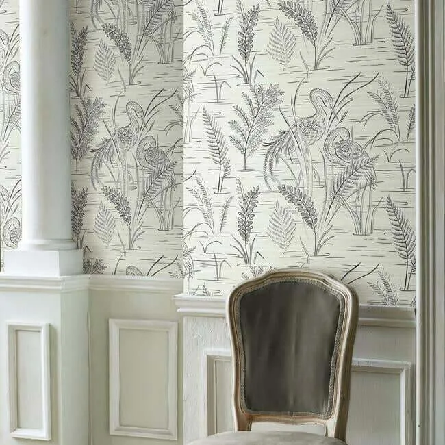 York Wallcoverings Fernwater Cranes - Black & Grey Wallpaper | Buy Online York Wallcoverings Fernwater Cranes wallpaper, color Black & Grey, SKU GR5953