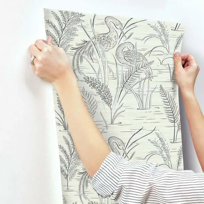 York Wallcoverings Fernwater Cranes - Black & Grey Wallpaper | Buy Online York Wallcoverings Fernwater Cranes wallpaper, color Black & Grey, SKU GR5953