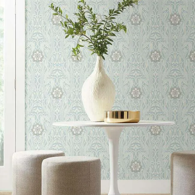 York Wallcoverings Gatsby Damask - Blue Wallpaper | Buy Online York Wallcoverings Gatsby Damask wallpaper, color Blue, SKU DM4991