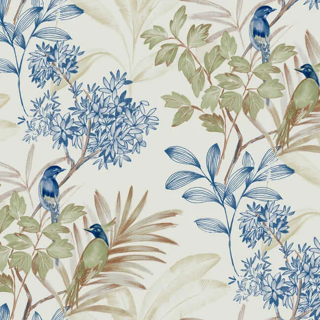 York Wallcoverings Handpainted Songbird wallpaper, color Green & Blue, SKU PSW1518RL