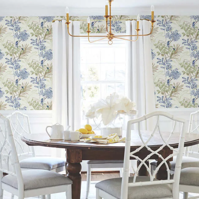 York Wallcoverings Handpainted Songbird wallpaper, color Green & Blue, SKU PSW1518RL