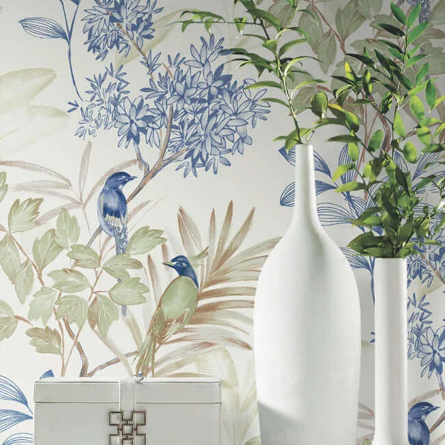 York Wallcoverings Handpainted Songbird wallpaper, color Green & Blue, SKU PSW1518RL