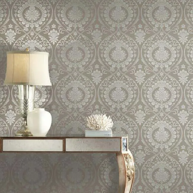 York Wallcoverings Imperial Damask - Beige & Silver Wallpaper | Buy Online York Wallcoverings Imperial Damask wallpaper, color Beige & Silver, SKU DM4902