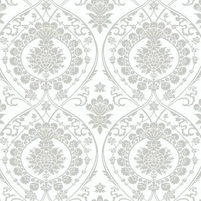 York Wallcoverings Imperial Damask wallpaper, color White & Silver, SKU DM4905