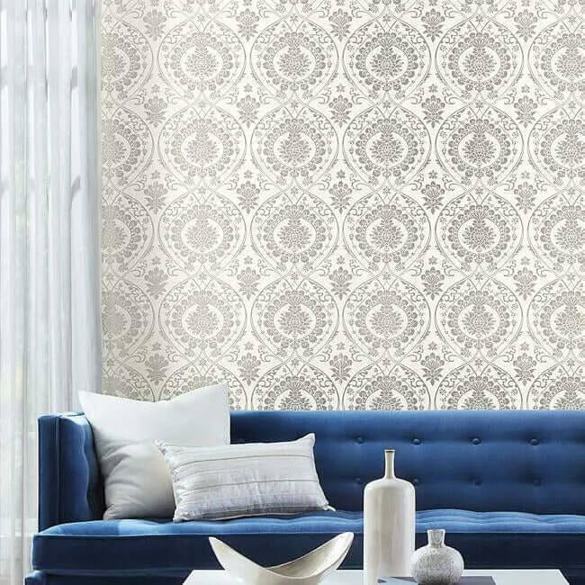 York Wallcoverings Imperial Damask - White & Silver Wallpaper | Buy Online York Wallcoverings Imperial Damask wallpaper, color White & Silver, SKU DM4905