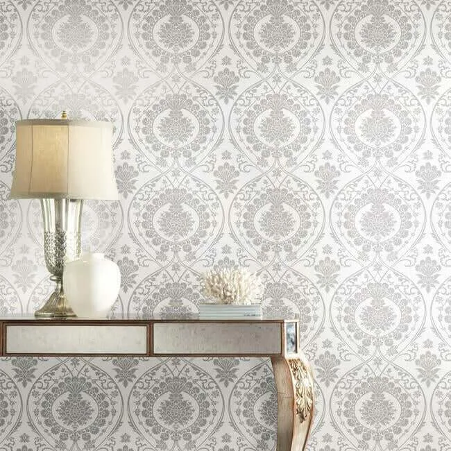 York Wallcoverings Imperial Damask - White & Silver Wallpaper | Buy Online York Wallcoverings Imperial Damask wallpaper, color White & Silver, SKU DM4905