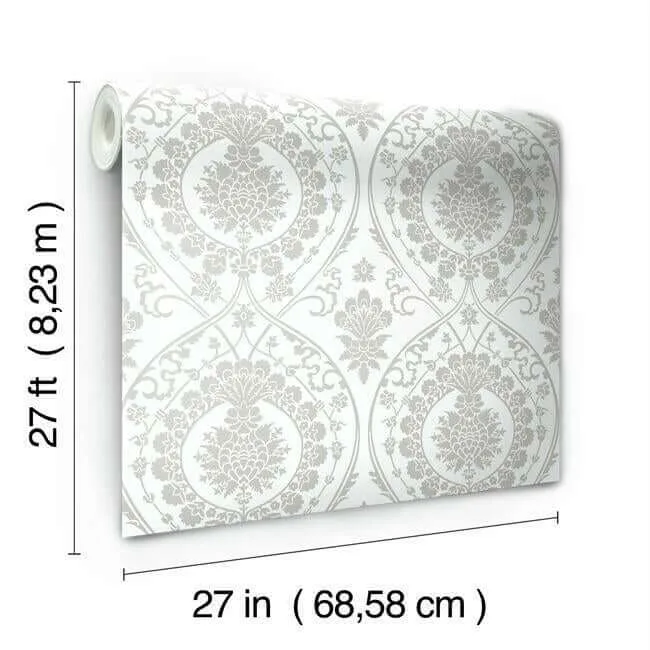 York Wallcoverings Imperial Damask - White & Silver Wallpaper | Buy Online York Wallcoverings Imperial Damask wallpaper, color White & Silver, SKU DM4905