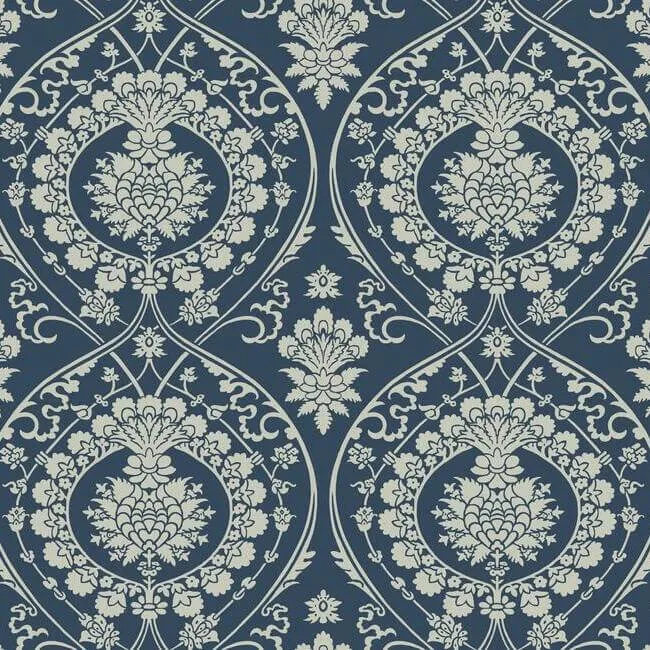 York Wallcoverings Imperial Damask wallpaper, color Navy & Silver, SKU DM4901