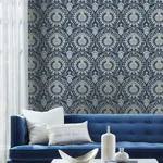 York Wallcoverings Imperial Damask wallpaper, color Navy & Silver, SKU DM4901