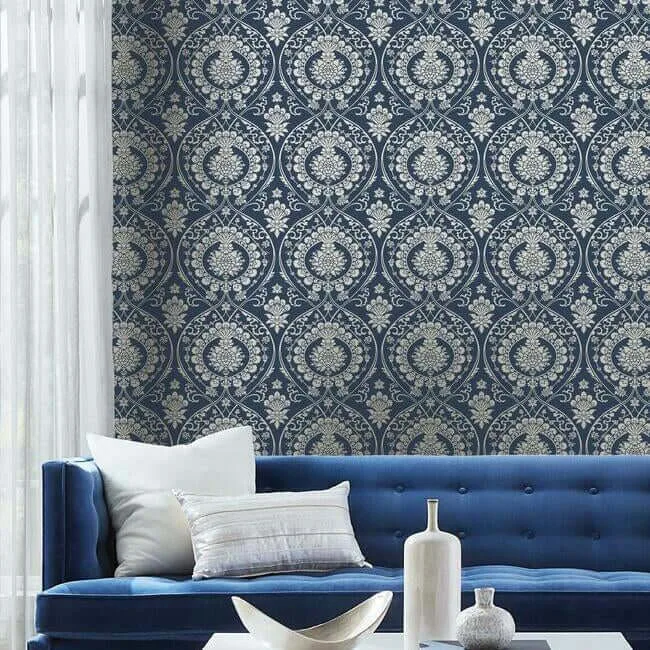 York Wallcoverings Imperial Damask wallpaper, color Navy & Silver, SKU DM4901