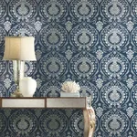 York Wallcoverings Imperial Damask wallpaper, color Navy & Silver, SKU DM4901