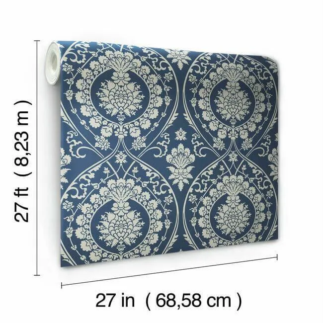 York Wallcoverings Imperial Damask wallpaper, color Navy & Silver, SKU DM4901