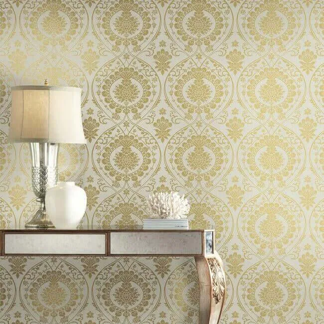 York Wallcoverings Imperial Damask - Off White & Gold Wallpaper | Buy Online York Wallcoverings Imperial Damask wallpaper, color Off White & Gold, SKU DM4903