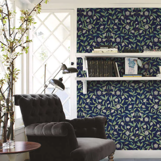 York Wallcoverings Jasmine - Blue Metallic Wallpaper | Buy Online York Wallcoverings Jasmine wallpaper, color Blue Metallic, SKU GO8251