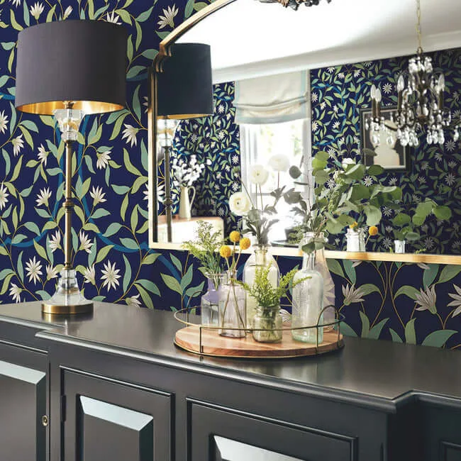 York Wallcoverings Jasmine - Blue Metallic Wallpaper | Buy Online York Wallcoverings Jasmine wallpaper, color Blue Metallic, SKU GO8251