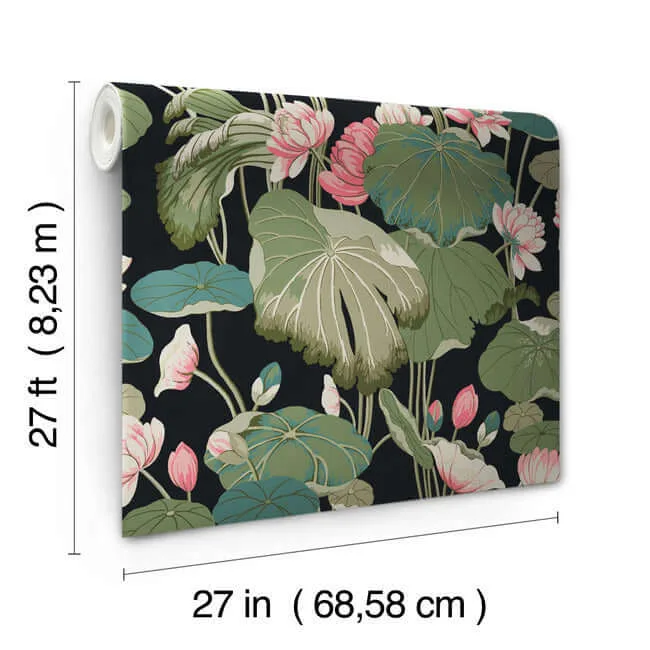 York Wallcoverings Lotus Pond wallpaper, color Black & Pink, SKU GO8292