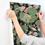 York Wallcoverings Lotus Pond wallpaper, color Black & Pink, SKU GO8292
