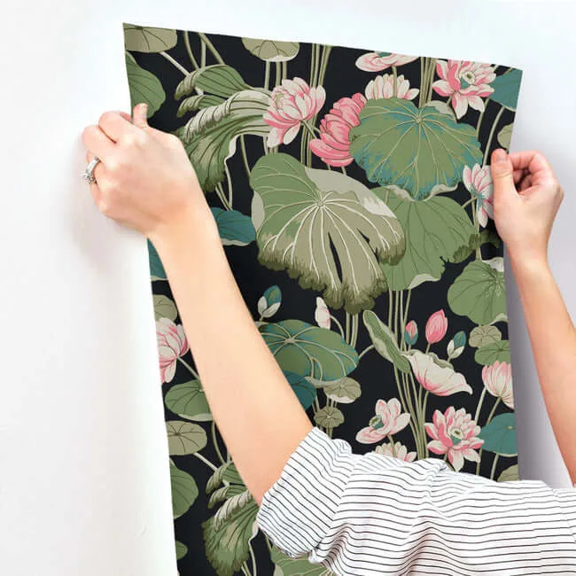 York Wallcoverings Lotus Pond wallpaper, color Black & Pink, SKU GO8292