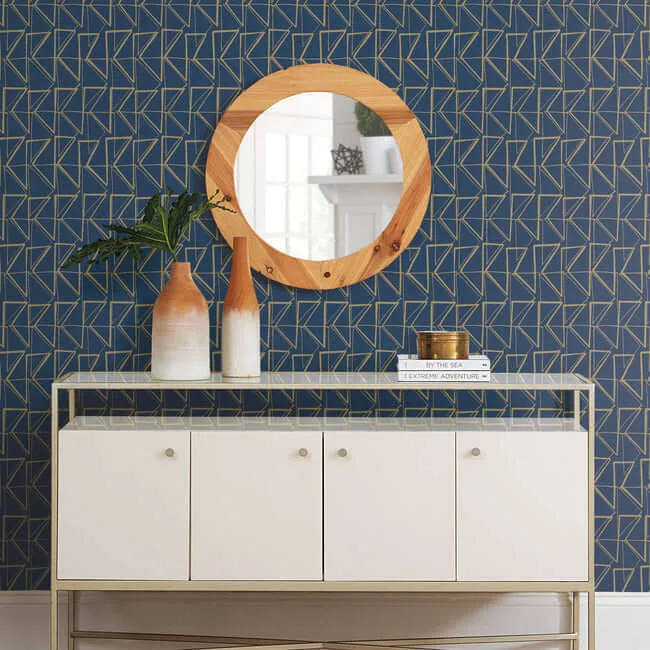 York Wallcoverings Love Triangles - Blue & Gold Metallic Wallpaper | Buy Online York Wallcoverings Love Triangles wallpaper, color Blue & Gold Metallic, SKU PSW1256RL