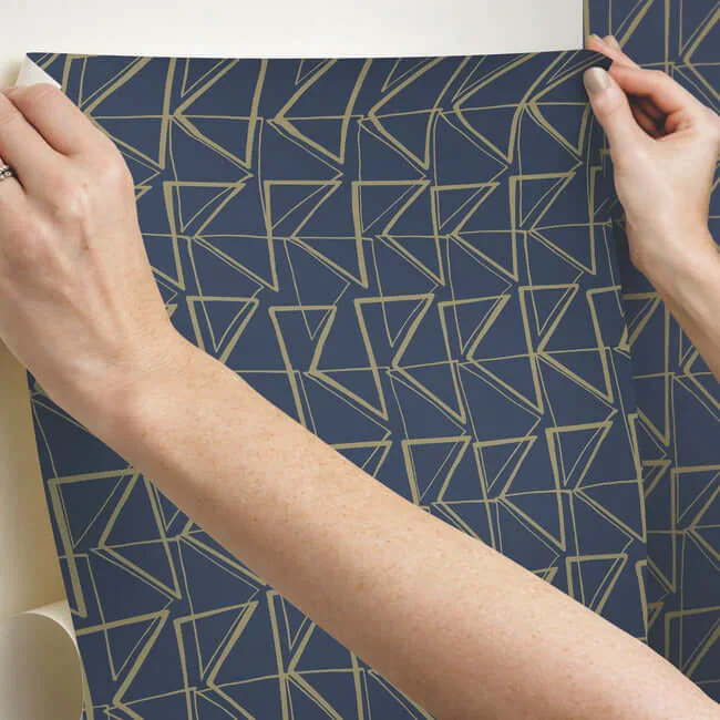 York Wallcoverings Love Triangles - Blue & Gold Metallic Wallpaper | Buy Online York Wallcoverings Love Triangles wallpaper, color Blue & Gold Metallic, SKU PSW1256RL