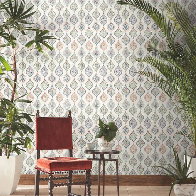 York Wallcoverings Marketplace Motif wallpaper, color Off White & Green, SKU MN1853