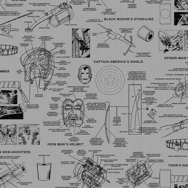 York Wallcoverings Marvels Heroes Schematics wallpaper, color Grey & Black, SKU DI0936