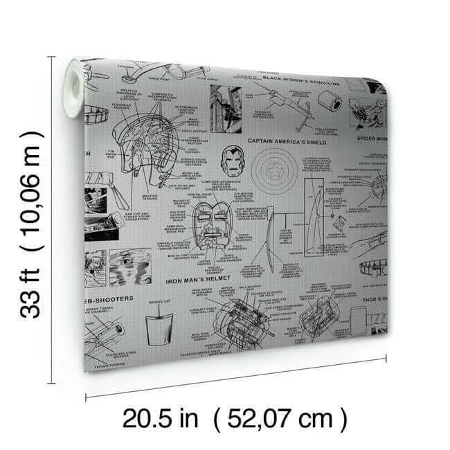 York Wallcoverings Marvels Heroes Schematics - Grey & Black Wallpaper | Buy Online York Wallcoverings Marvels Heroes Schematics wallpaper, color Grey & Black, SKU DI0936