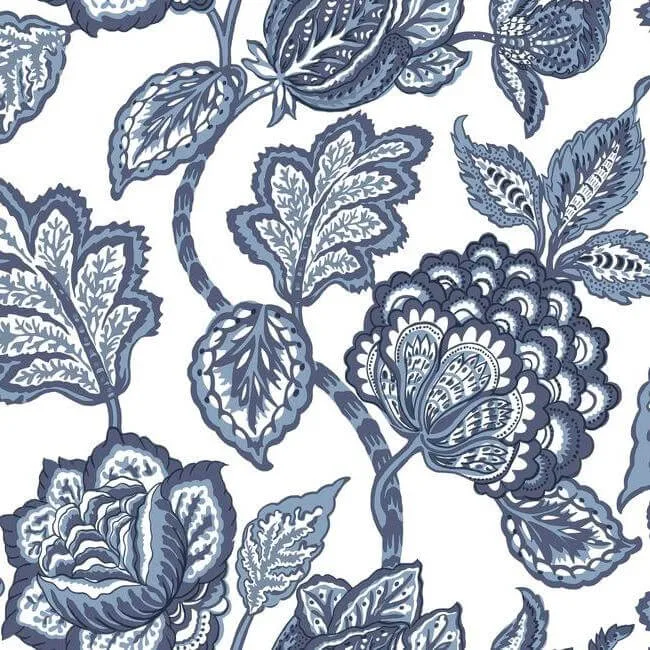York Wallcoverings Midsummer Jacobean wallpaper, color White & Blue, SKU CY1535