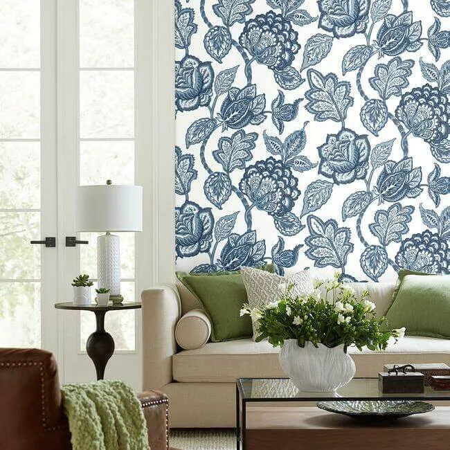 York Wallcoverings Midsummer Jacobean wallpaper, color White & Blue, SKU CY1535