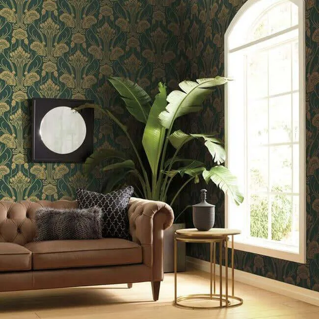 York Wallcoverings Nouveae Damask - Green Wallpaper | Buy Online York Wallcoverings Nouveae Damask wallpaper, color Green, SKU CA1566