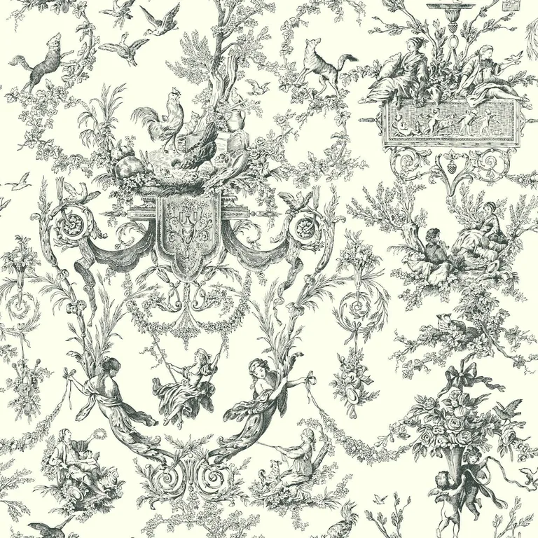 York Wallcoverings Old World Toile wallpaper, color Black & White, SKU AT4237
