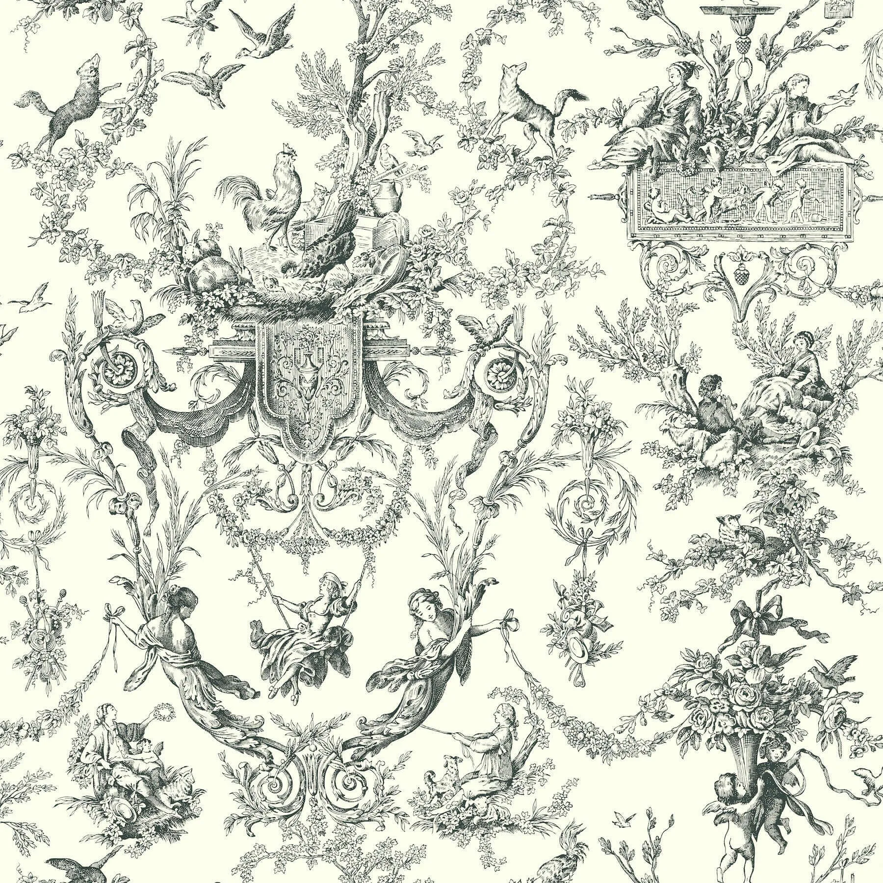 York Wallcoverings Old World Toile wallpaper, color Black & White, SKU AT4237