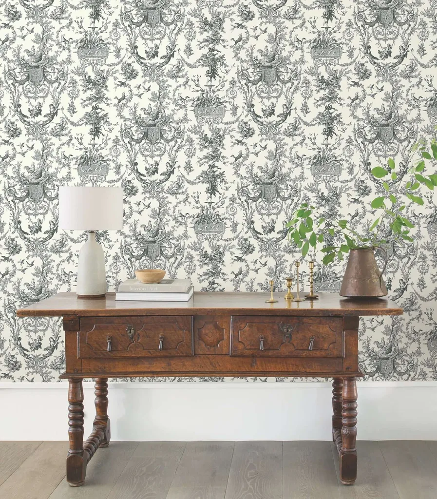 York Wallcoverings Old World Toile wallpaper, color Black & White, SKU AT4237