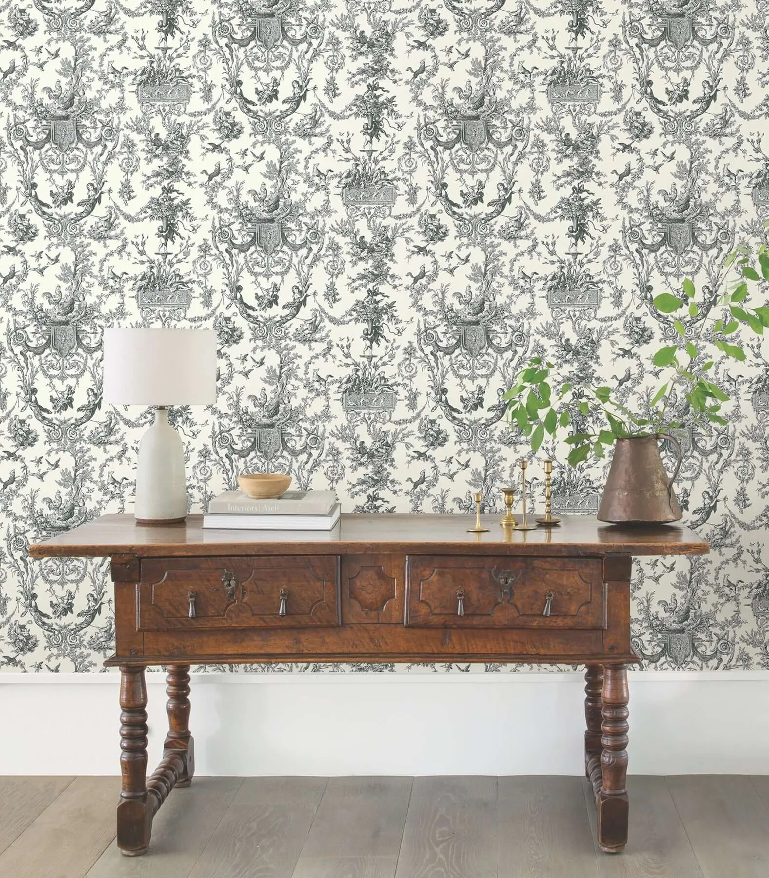 York Wallcoverings Old World Toile wallpaper, color Black & White, SKU AT4237