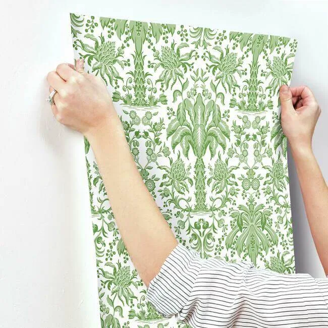 York Wallcoverings Palmetto Palm Damask wallpaper, color Green, SKU DM5011