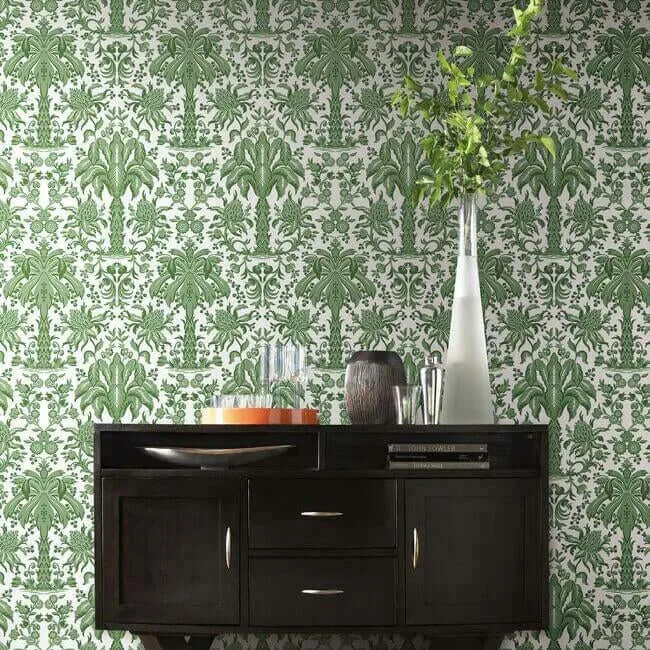 York Wallcoverings Palmetto Palm Damask wallpaper, color Green, SKU DM5011