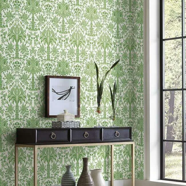 York Wallcoverings Palmetto Palm Damask wallpaper, color Green, SKU DM5011