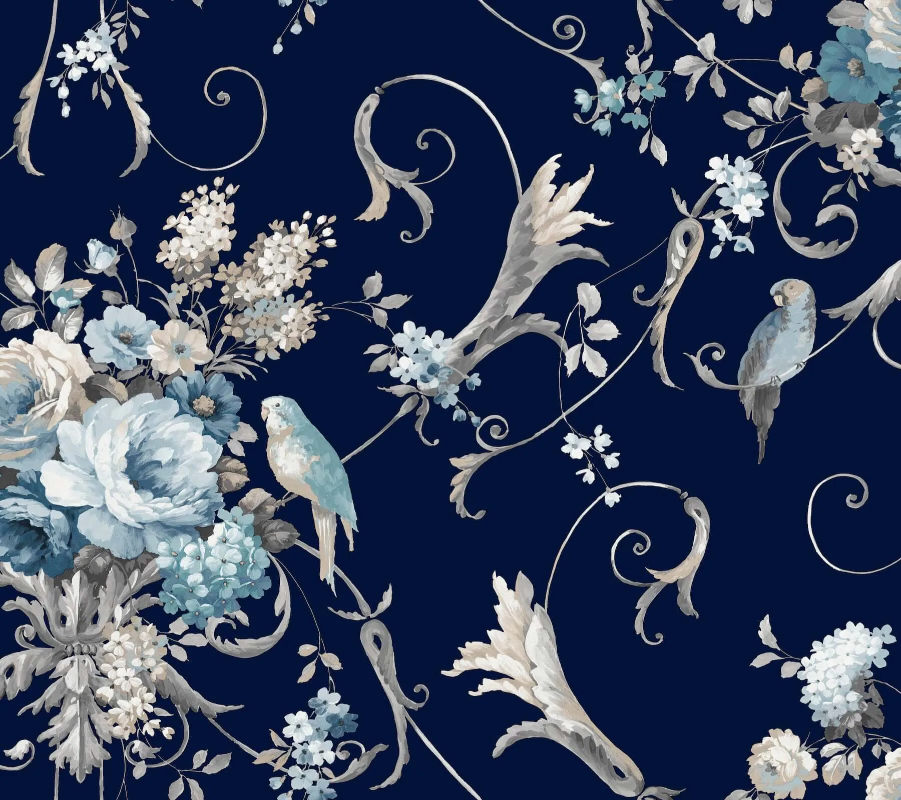 York Wallcoverings Parrots with Floral Bouquets wallpaper, color Navy, SKU PSW1360RL