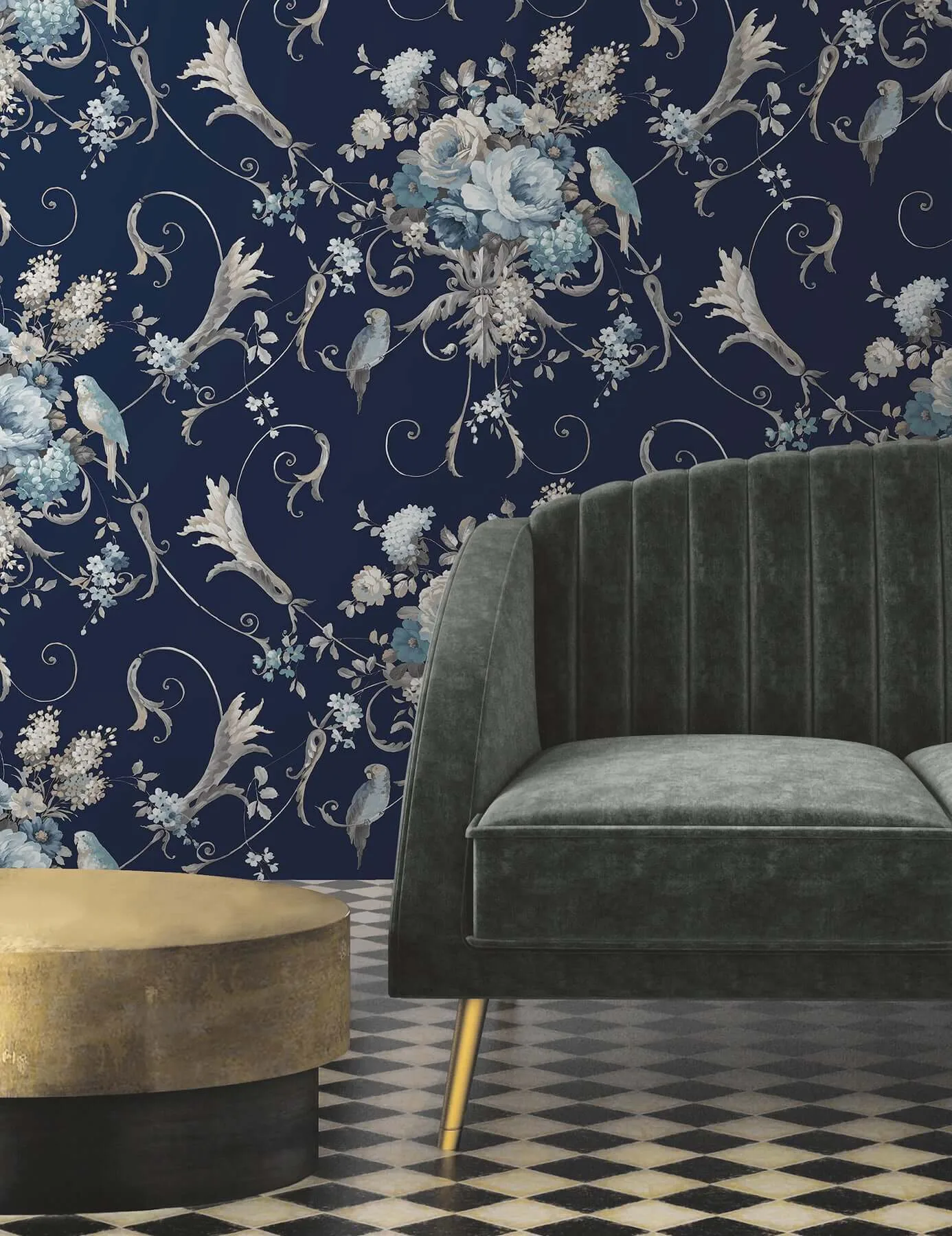York Wallcoverings Parrots with Floral Bouquets wallpaper, color Navy, SKU PSW1360RL
