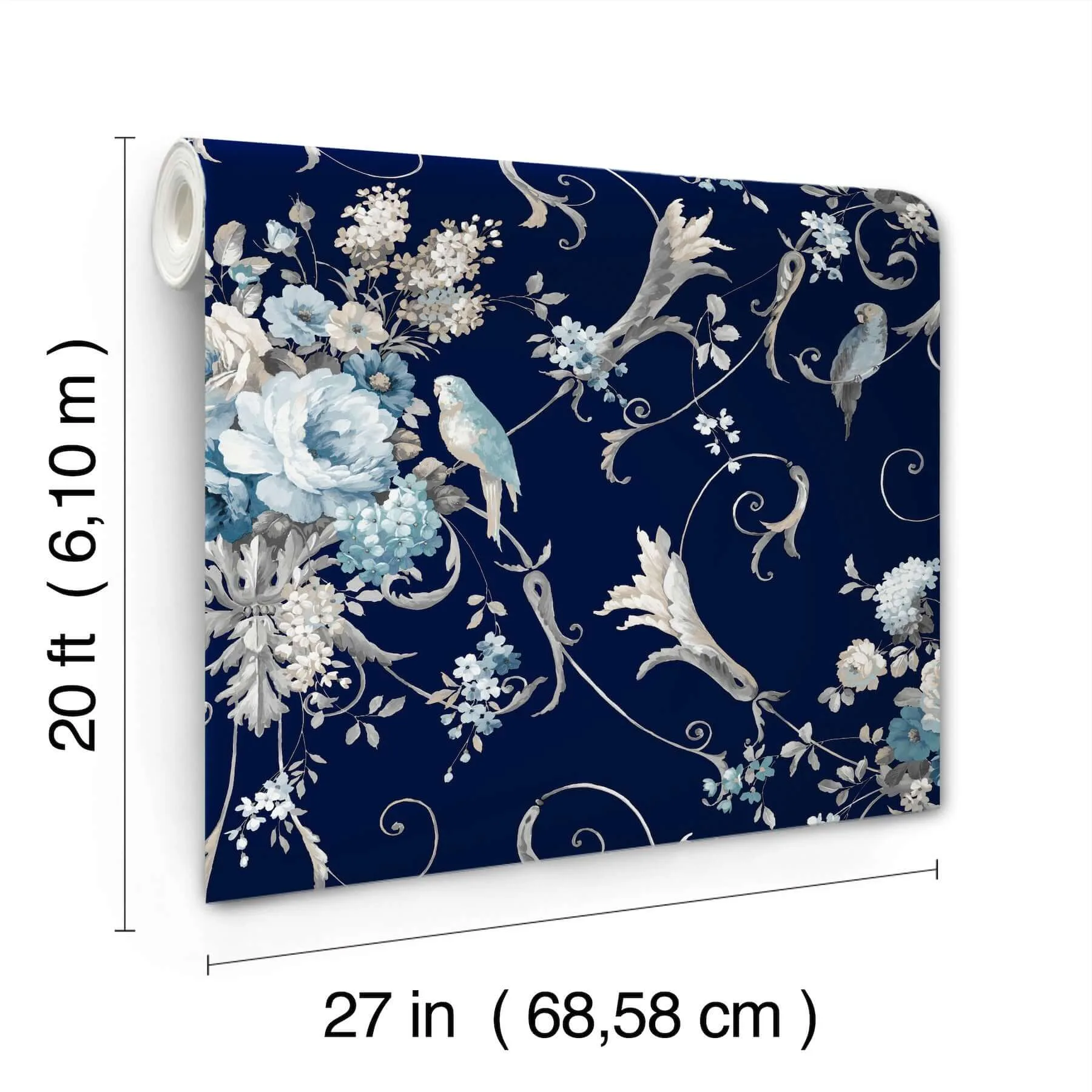 York Wallcoverings Parrots with Floral Bouquets - Navy Wallpaper | Buy Online York Wallcoverings Parrots with Floral Bouquets wallpaper, color Navy, SKU PSW1360RL
