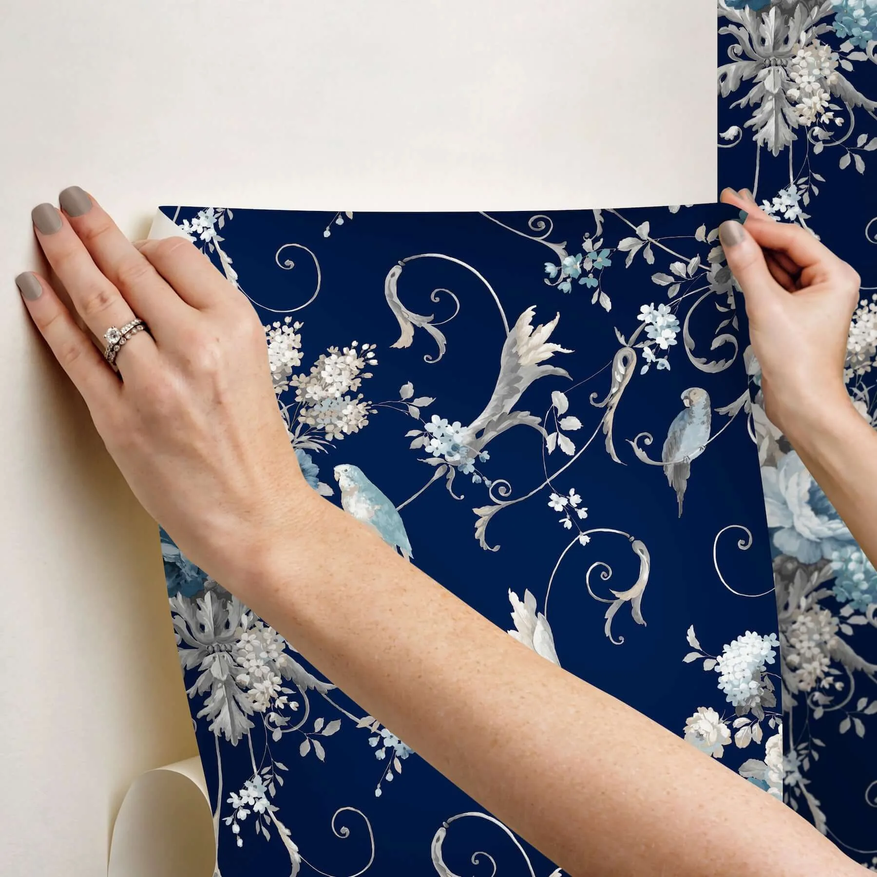 York Wallcoverings Parrots with Floral Bouquets - Navy Wallpaper | Buy Online York Wallcoverings Parrots with Floral Bouquets wallpaper, color Navy, SKU PSW1360RL