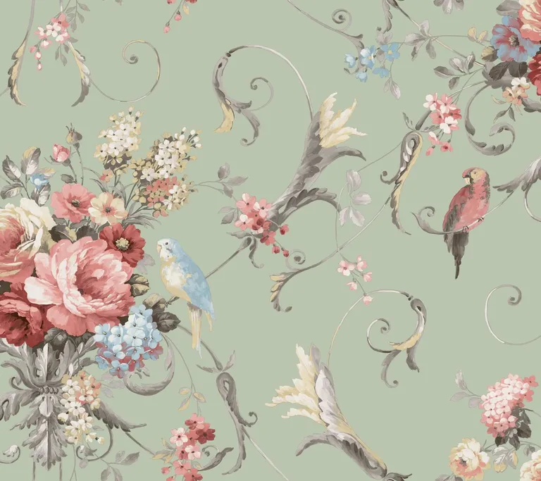 York Wallcoverings Parrots with Floral Bouquets wallpaper, color Eucalyptus, SKU PSW1361RL