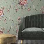 York Wallcoverings Parrots with Floral Bouquets - Eucalyptus Wallpaper | Buy Online York Wallcoverings Parrots with Floral Bouquets wallpaper, color Eucalyptus, SKU PSW1361RL
