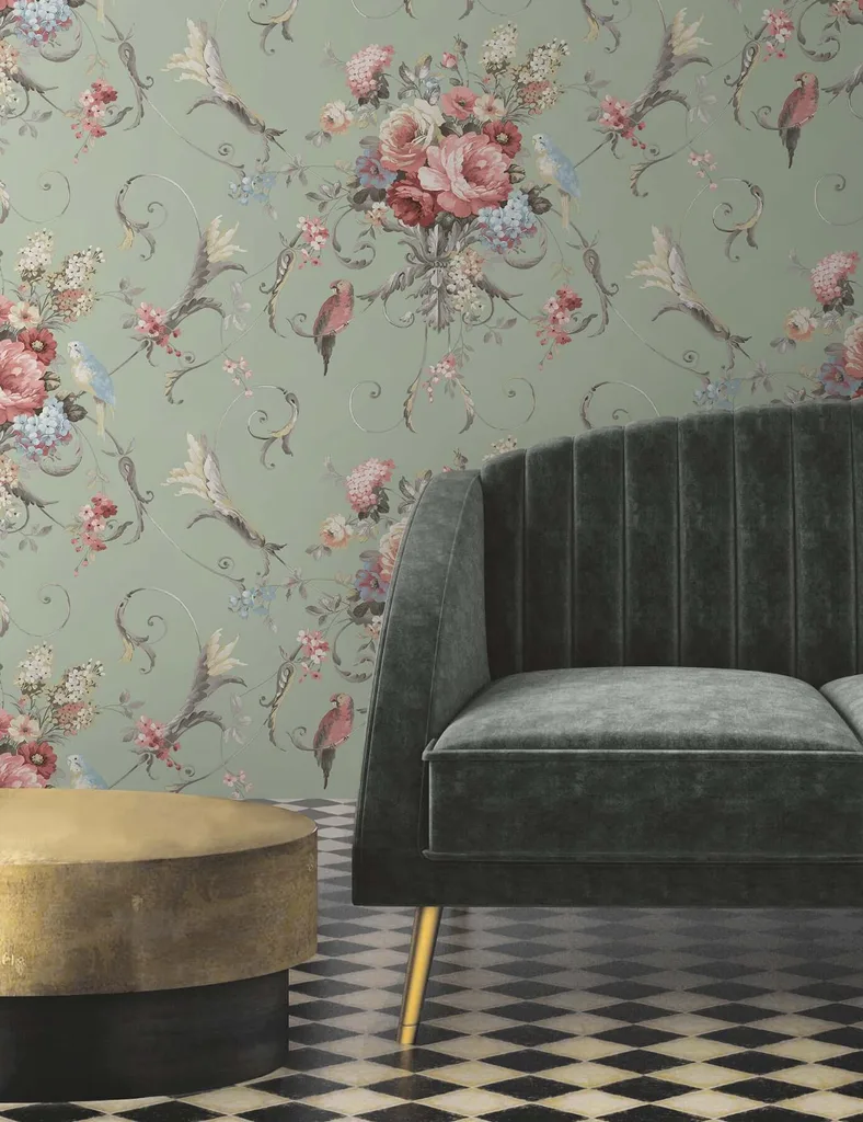 York Wallcoverings Parrots with Floral Bouquets wallpaper, color Eucalyptus, SKU PSW1361RL
