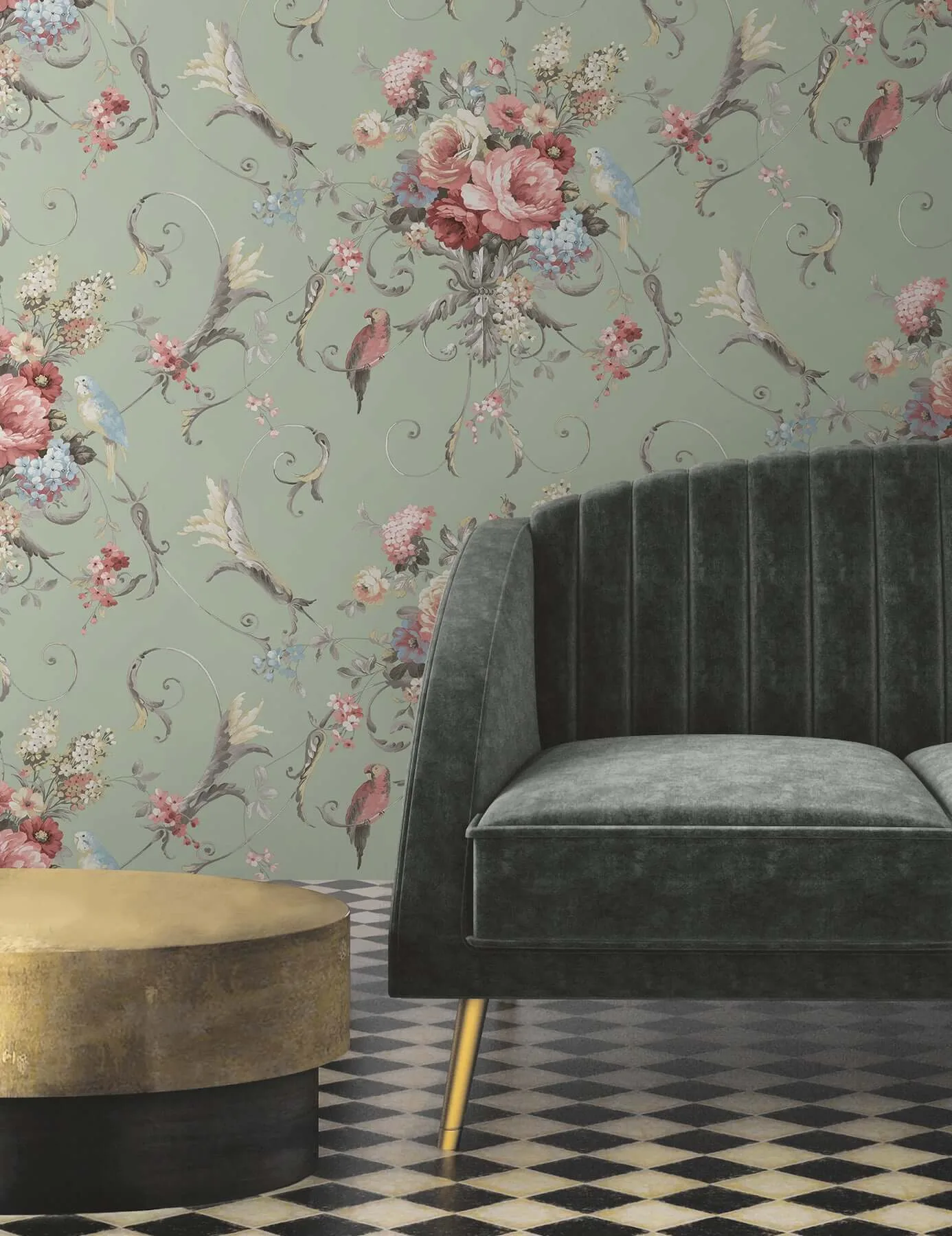 York Wallcoverings Parrots with Floral Bouquets wallpaper, color Eucalyptus, SKU PSW1361RL