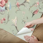 York Wallcoverings Parrots with Floral Bouquets - Eucalyptus Wallpaper | Buy Online York Wallcoverings Parrots with Floral Bouquets wallpaper, color Eucalyptus, SKU PSW1361RL