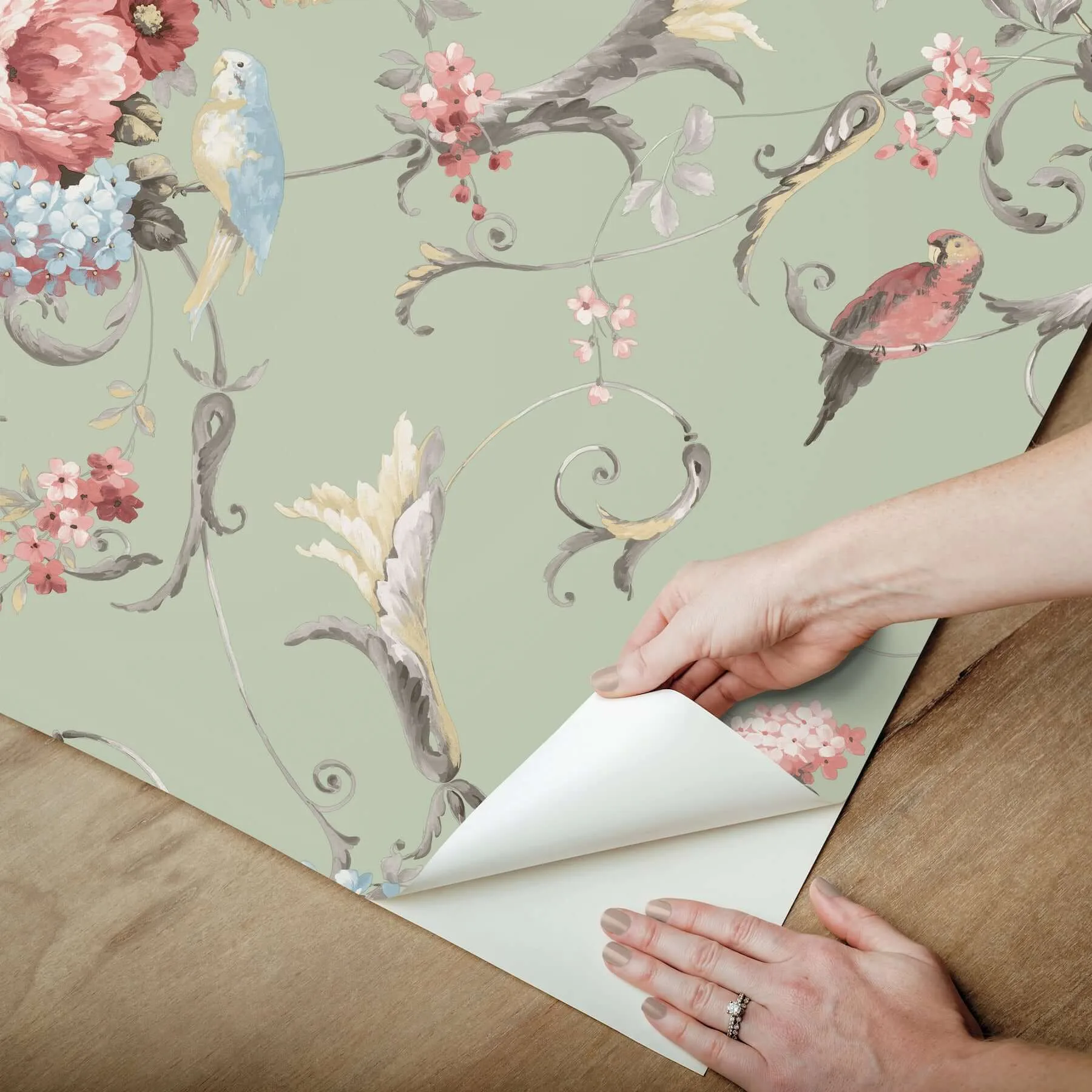 York Wallcoverings Parrots with Floral Bouquets - Eucalyptus Wallpaper | Buy Online York Wallcoverings Parrots with Floral Bouquets wallpaper, color Eucalyptus, SKU PSW1361RL